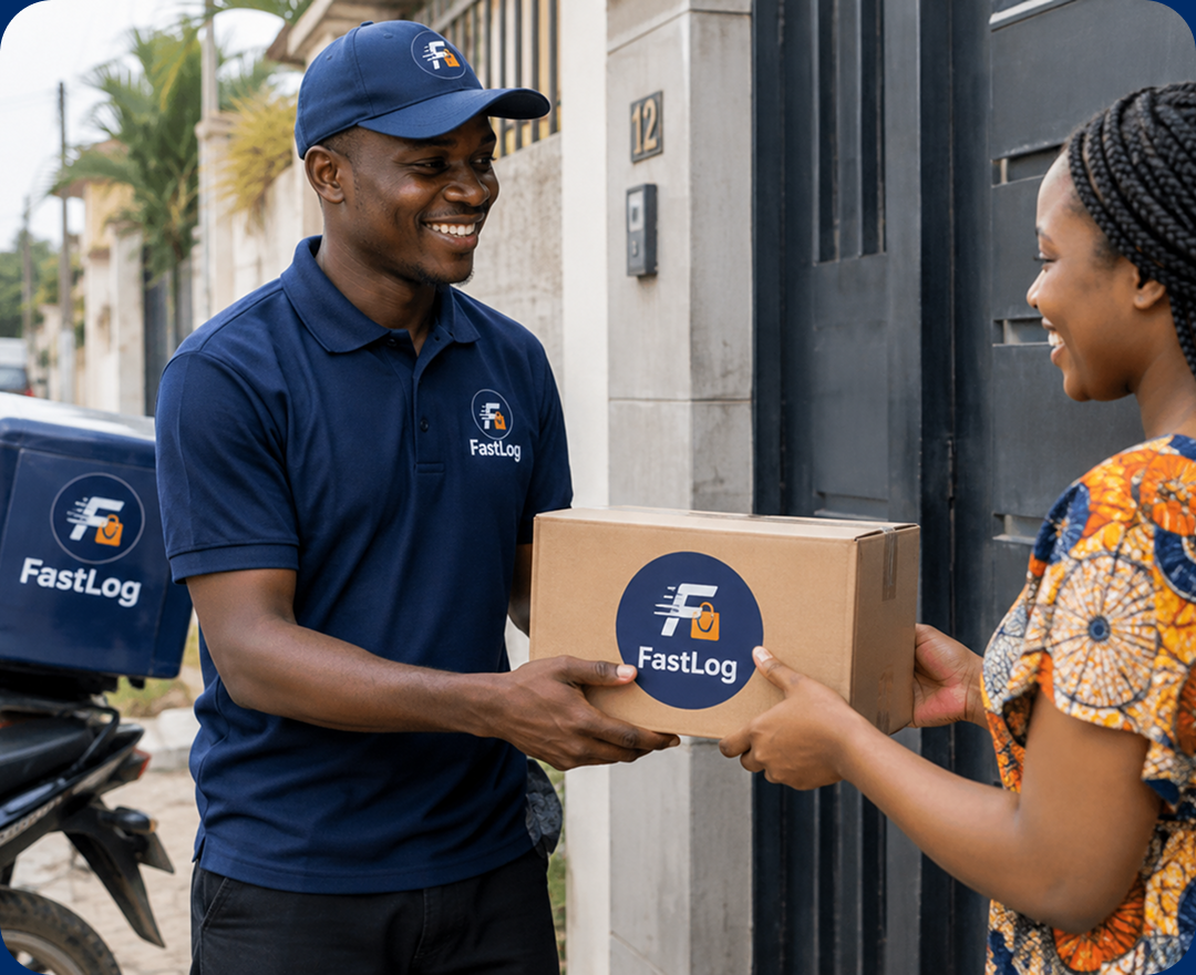 Livreur FastLog remettant un colis à une cliente à Kinshasa